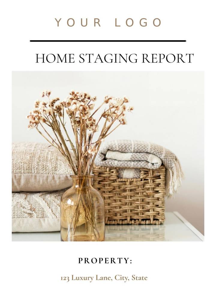 Home Staging Report cover page with your logo placement and property address