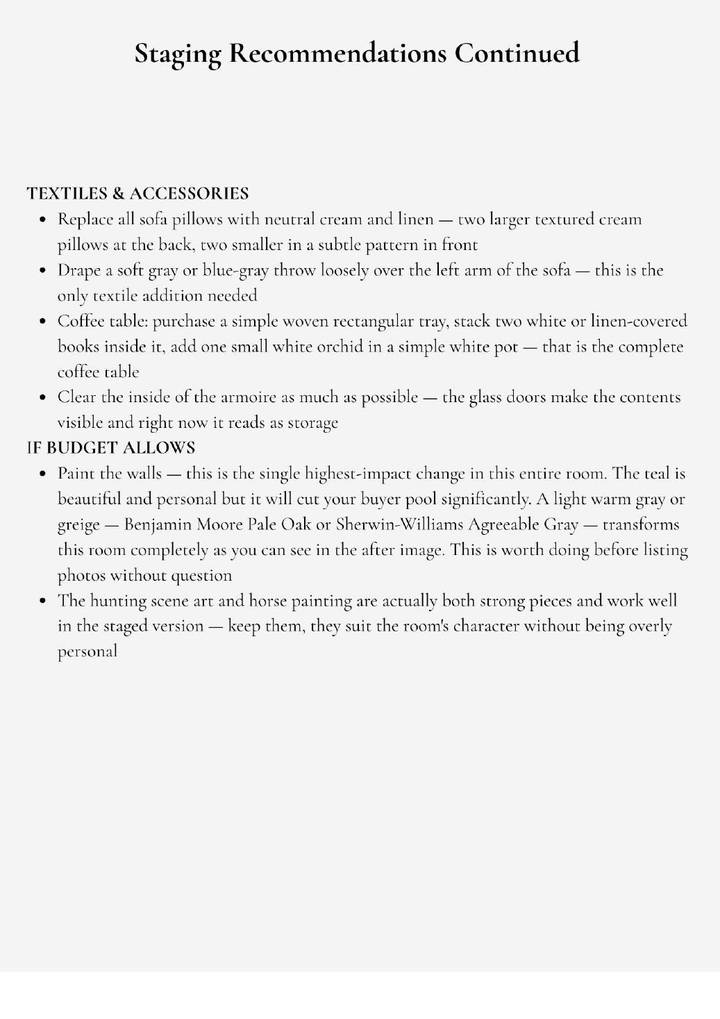 Continued staging recommendations covering textiles, accessories, and budget-permitting improvements