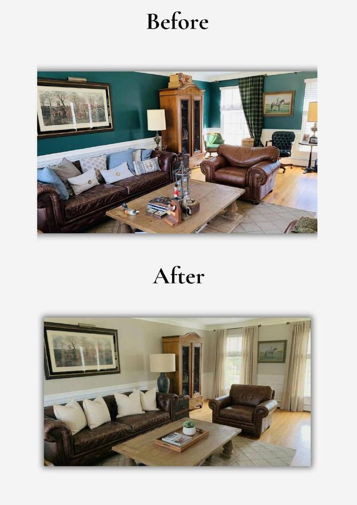 Before photo of the occupied living room and rendered after image of the same room staged