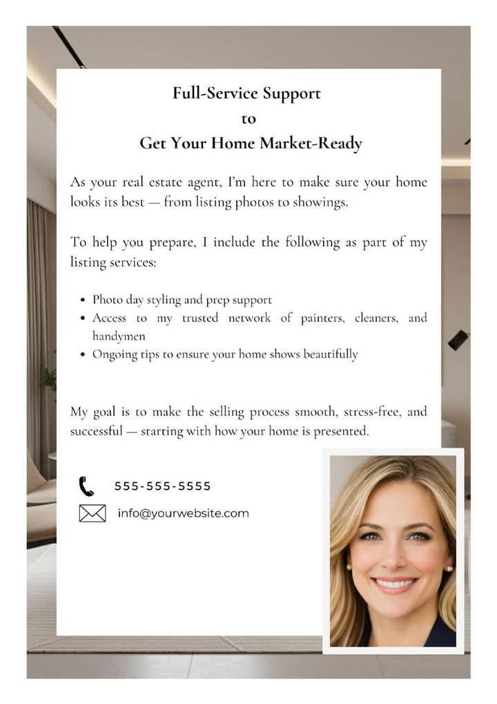 Closing page presenting the agent's full-service listing support with contact details