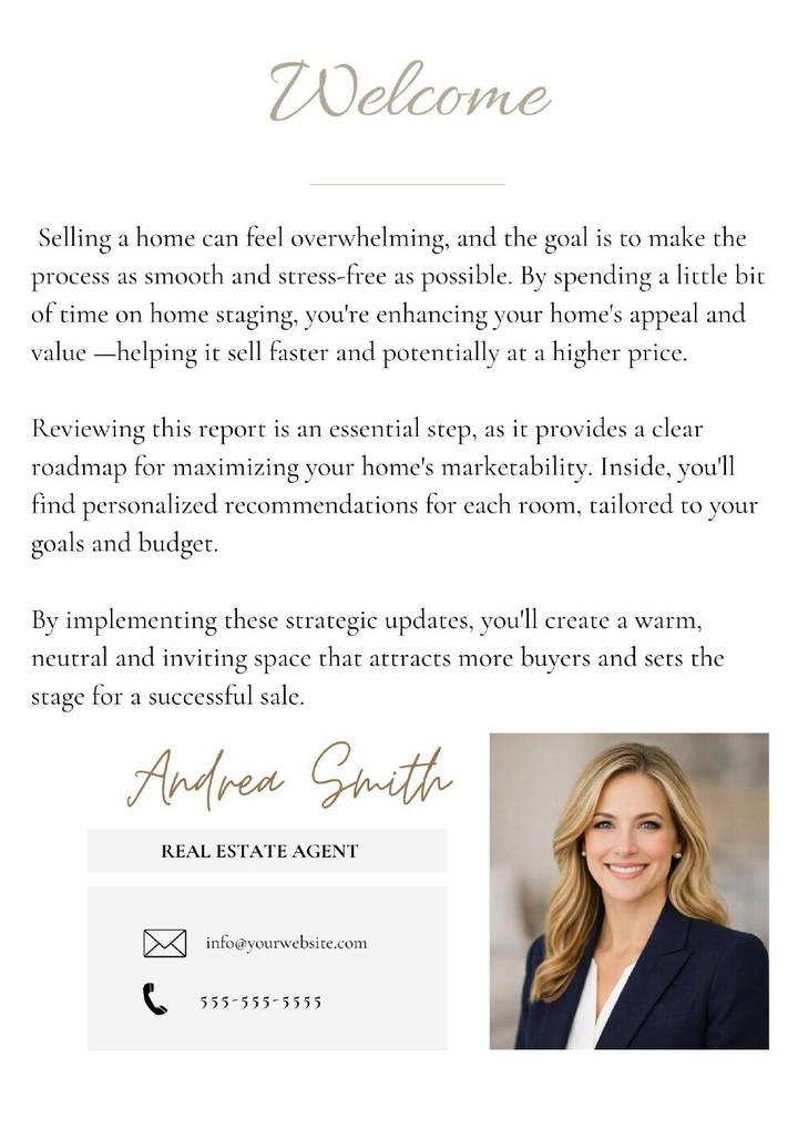 Welcome page with the agent's letter, headshot, and contact details