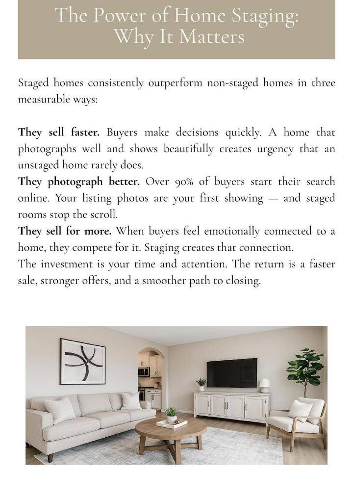 Page explaining why home staging matters, with a staged living room photo