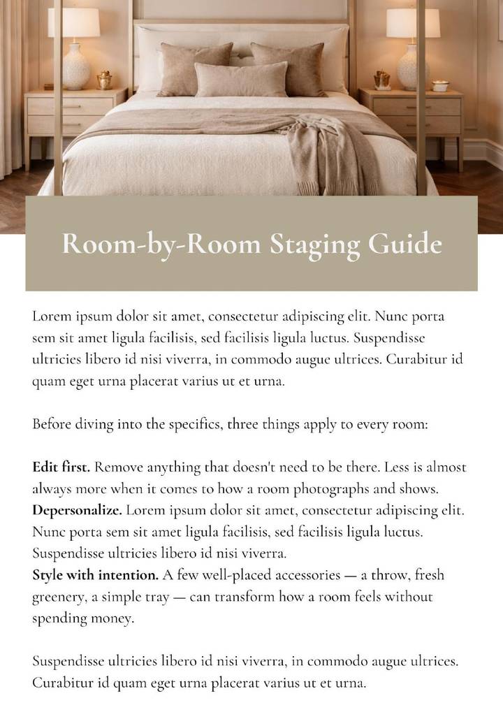 Room-by-Room Staging Guide opening page with a staged bedroom photo and preview text