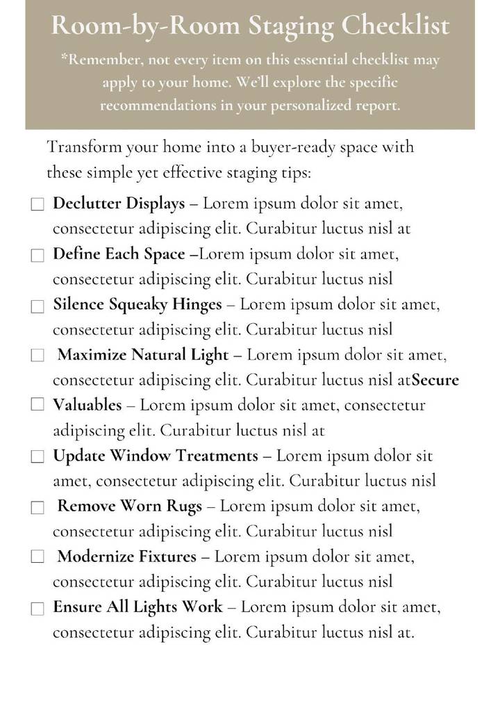 Room-by-room staging checklist page with preview text