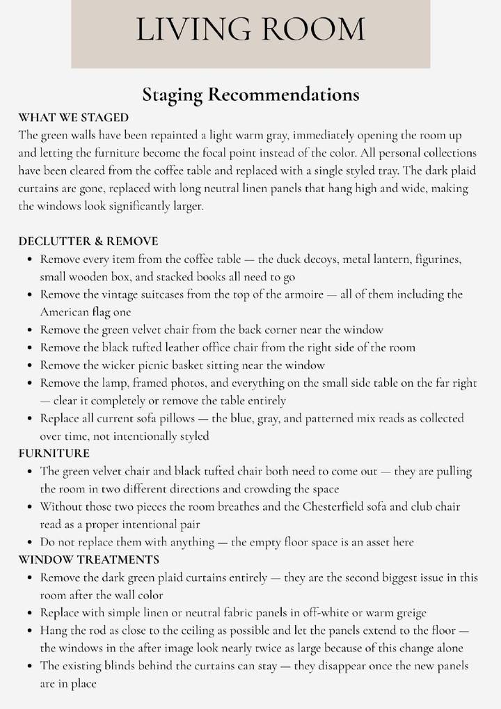 Living room staging recommendations: what was staged, what to declutter and remove, furniture and window treatment direction