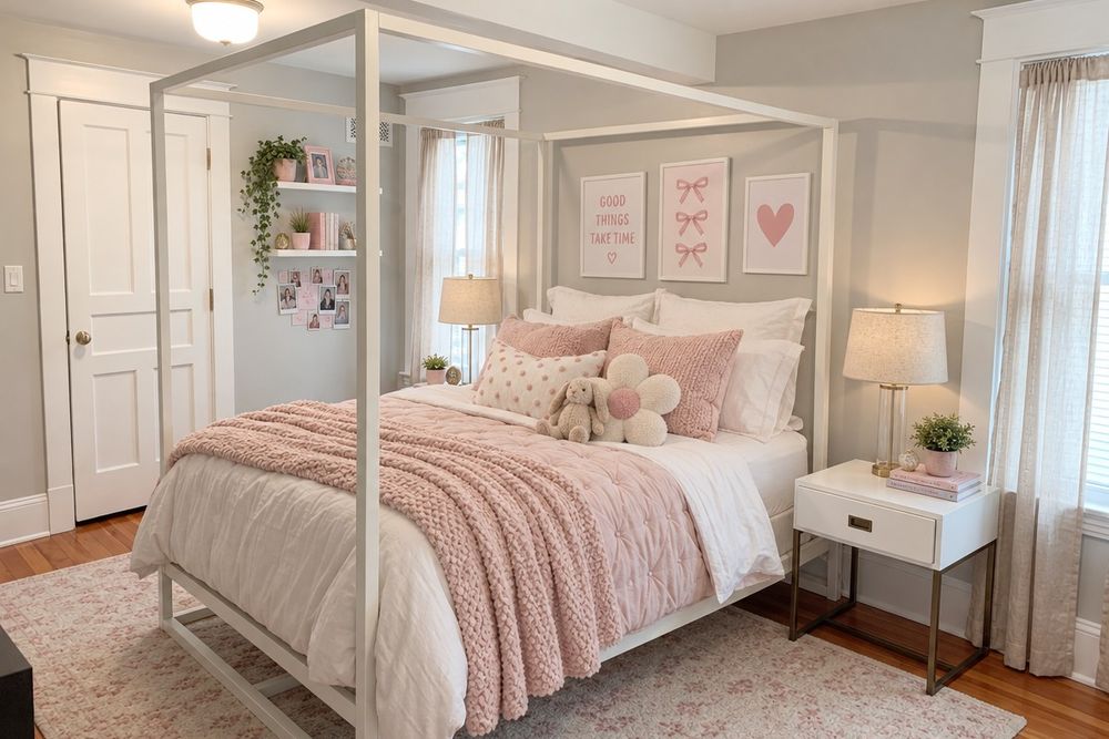 The same bedroom designed: same canopy bed with layered blush bedding, linen curtains, framed art, wall shelves and a soft patterned rug