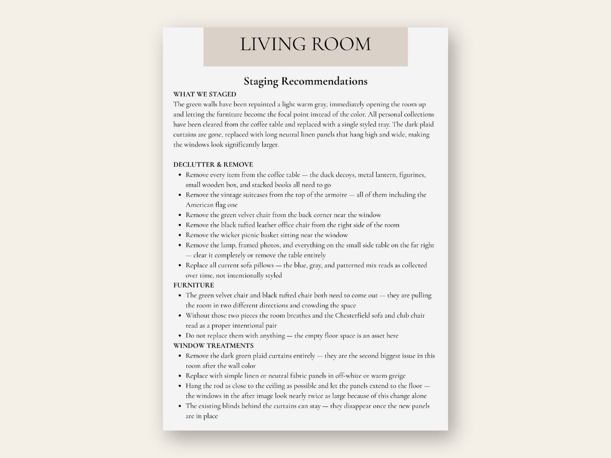 Living Room staging recommendations page from a Home Staging Report