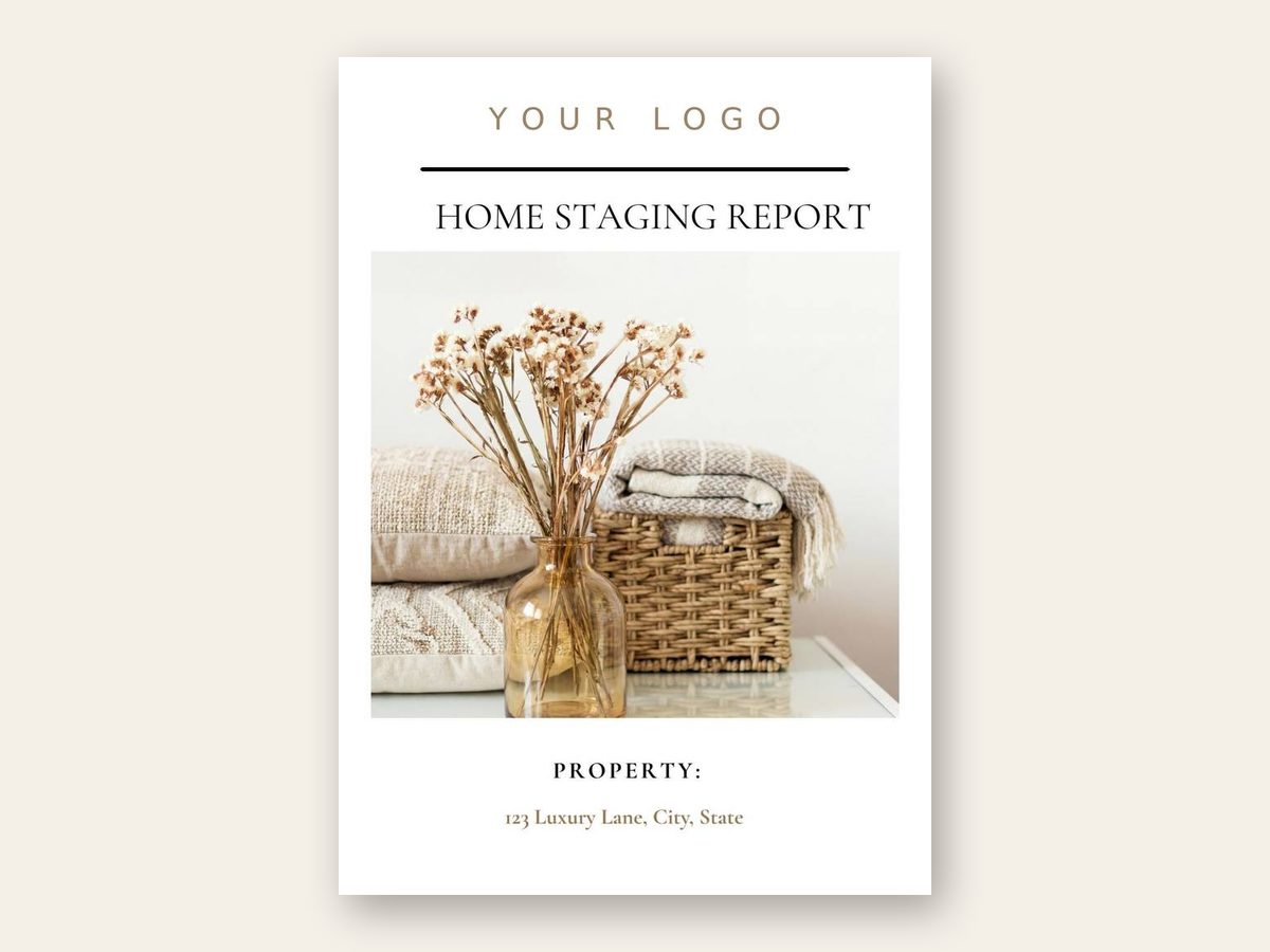 Home Staging Report cover with your logo placement and property address