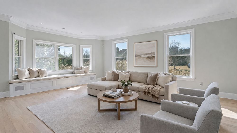 The same living room digitally furnished with a sectional, two armchairs, a round coffee table and a rug